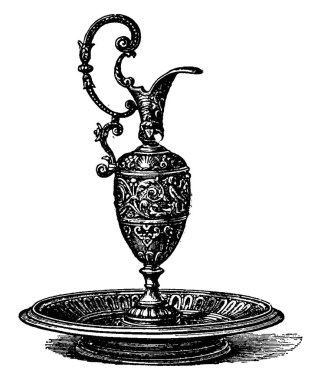 Tabağındaki bir tabağa dayanan bronz bir deney şişesi, Almanya 'dan. Üzerinde bazı süslemeler ve oymalar var. Klasik çizimler ya da kabartmalar..