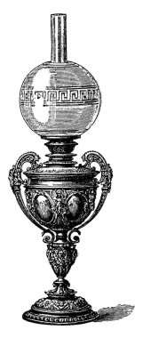 Bronz bir Alman lambasının tipik bir temsili, kaideye kazınmış, klasik çizim ya da gravür resimlerine işlenmiş..