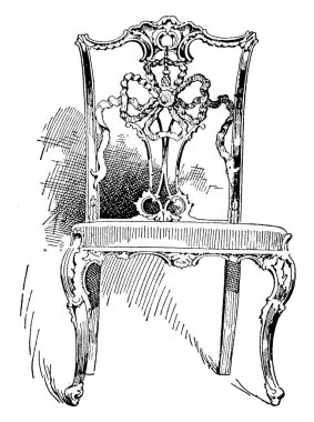 Görüntü, Thomas Chippendale tarafından tasarlanmış dekoratif ahşap bir sandalye, klasik çizgi çizimi veya gravür çizimi.