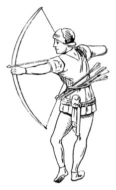 Bir askeri okçu bir okçunun 10 ila 15 okunu bir dakikada atabilir. Burada bir asker tarafından ateşlenen bir okçu görülüyor. 15. yüzyılda İngiltere 'de kullanılmış. Klasik çizim ya da gravür..