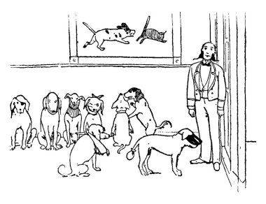 Bekleme odasında bir adam ve birkaç yaralı köpek bekliyor. Klasik çizim ya da gravür. 