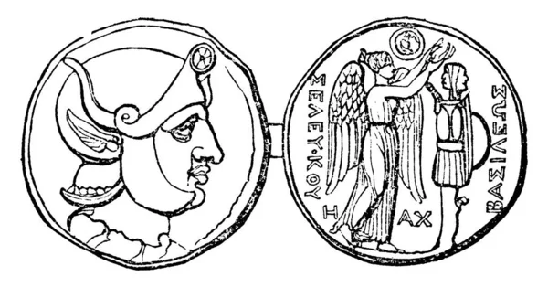 Монета Селевка Выгравированная Рисунками Надписями Ней Рисунок Винтажной Линии Гравировка — стоковый вектор