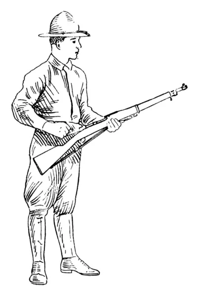 Soldado Carregando Seu Rifle Com Mão Direita Ele Vira Desenha — Vetor de Stock