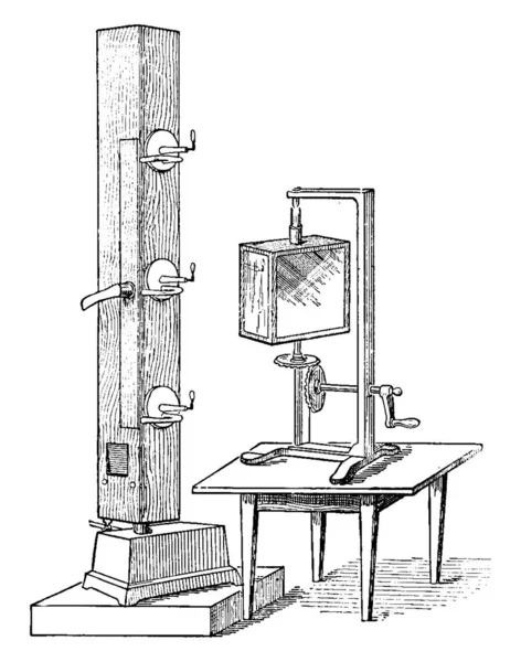 音の波形の検査 ヴィンテージライン図面や彫刻イラストに使用される18世紀の木製の装置と呼ばれる人間工学に基づいた炎装置を示しています — ストックベクタ