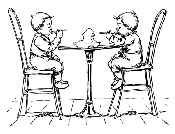 Obraz Przedstawia Dwóch Małych Chłopców Siedzących Przy Stole Jedzących Lody — Wektor stockowy