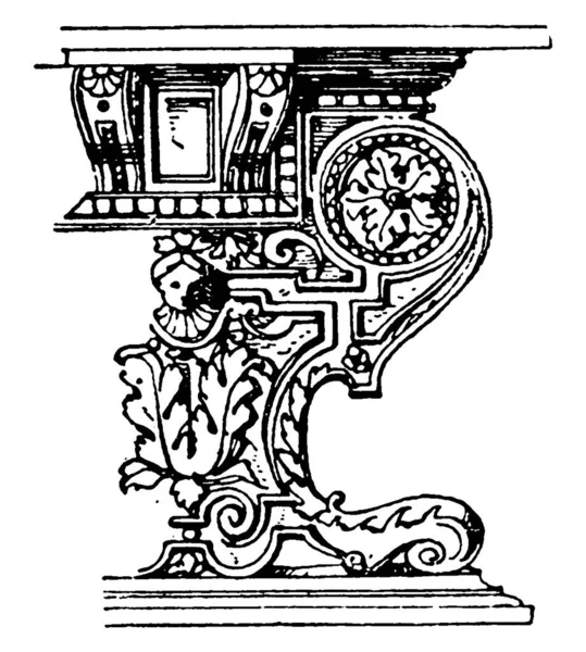 用侧面桁架雕刻的文艺复兴时期的桌子是精美的 设计精美的老式线条画或雕刻插图 — 图库矢量图片