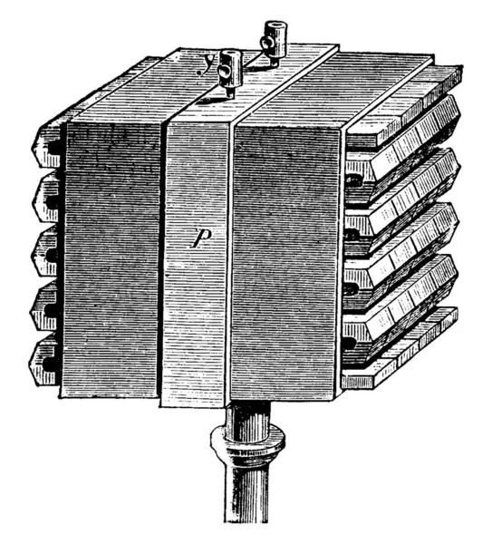 図は熱乗算器を示しており 基本的に温度測定に使用される温度計です メローニによって発明されました ヴィンテージライン図面や彫刻イラスト — ストックベクタ
