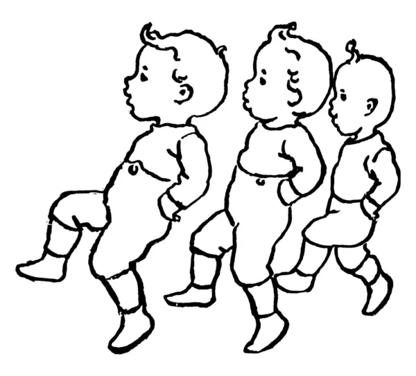 Group Children Stepping One Foot Other Hop Vintage Line Drawing — Stock Vector