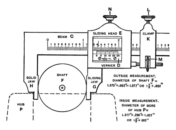 游标卡尺一种典型的游标卡尺 是一种极其精确的测量仪 读数误差为1 20毫米 05毫米 附有零件标签 老式线条绘图或雕刻图解 — 图库矢量图片