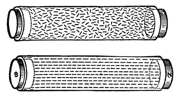 一种实验装置 用装有粗钢材料的小玻璃管来演示磁力 老式线条绘图或雕刻图解的分子理论 — 图库矢量图片