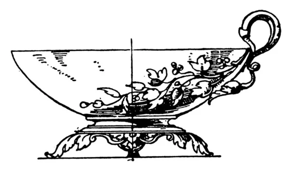 Fransk Metallskål Med Vertikalt Handtag Med Tre Fot Vintage Linjeritning — Stock vektor