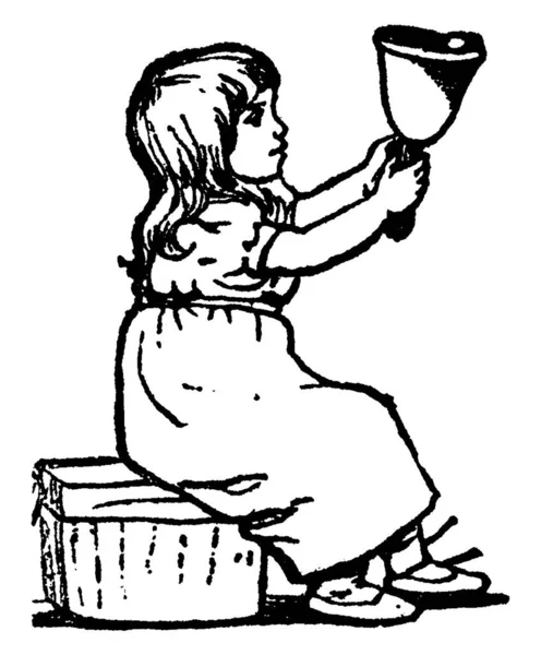 Tipikus Ábrázolása Egy Kislány Laza Haj Csengő Ülő Helyzetben Vintage — Stock Vector