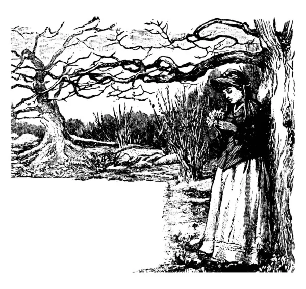 Fată Pălărie Ținând Floarea Lângă Copac Sezonul Iarnă Desenul Liniei — Vector de stoc