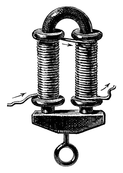 磁铁一种磁铁 其磁性特性是由于电流 老线绘图或雕刻插图的感应作用而产生的 — 图库矢量图片
