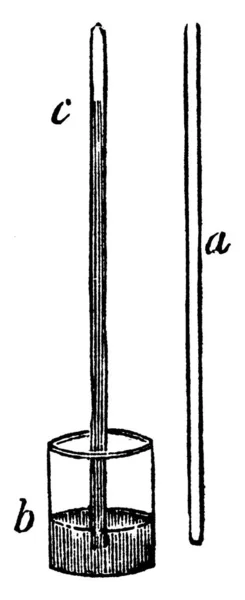 Tubo Vidrio Lleno Mercurio Con Extremo Inferior Colocado Plato Del — Archivo Imágenes Vectoriales