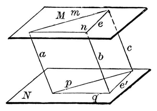 同じ平面にない2つの角度がそれぞれ平行で同じ方向に横になっていることを示す図で 平面は平行で ヴィンテージライン図面または彫刻イラストです — ストックベクタ