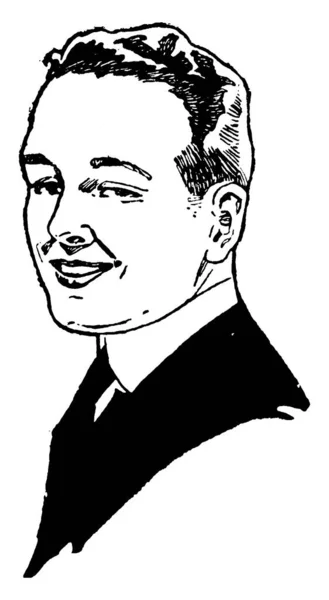 笑顔の顔のヴィンテージ線画や彫刻イラストを持つ若い男の肖像画 — ストックベクタ