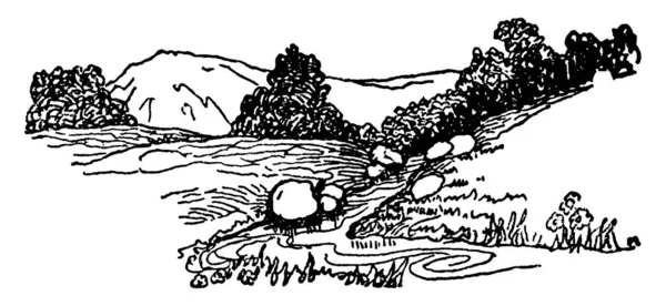 Рисунке Показан Небольшой Поток Идущий Вниз Склону Рисунок Винтажной Линии — стоковый вектор