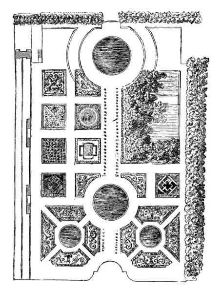 フランスのルイ13世の時代のチュイルリー庭園の地上計画 ヴィンテージライン図面や彫刻イラスト — ストックベクタ