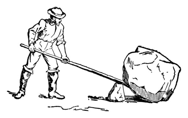 A typical representation of a man using lever and trying to lift a rock, from the ground. The term, machine, in Mechanics, is an instrument for the conversion of motion or the transference of energy, vintage line drawing or engraving illustration.