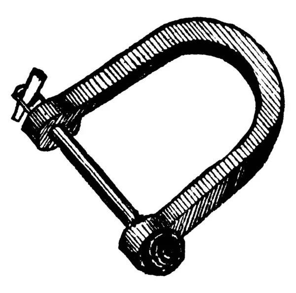 コネクタの端部を通過するボルトまたはピンで別の部品を固定できるU字型または鍛造金属コネクタ ヴィンテージライン図面または彫刻イラスト — ストックベクタ
