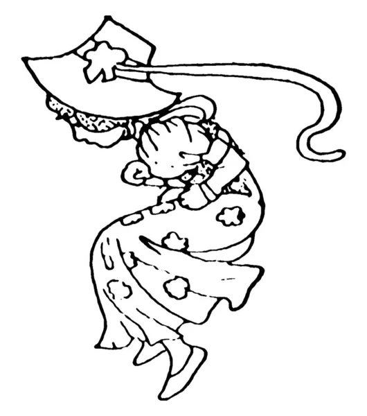 Картині Зображена Маленька Дівчинка Довгій Сукні Взутті Стрибає Капелюсі Довгим — стоковий вектор