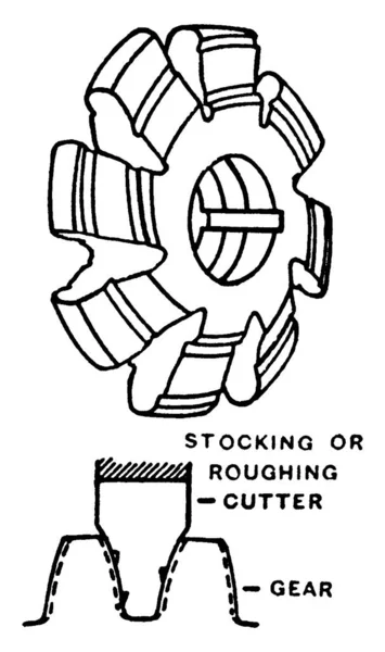 歯車カッター 歯車を作成するための任意の機械加工プロセスを荒加工またはストッキング 最も一般的な歯車切断プロセスには ホブリング ブローチ フライス加工 ヴィンテージライン図面または彫刻イラストが含まれます — ストックベクタ