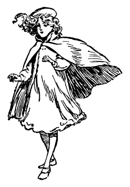 Resim Yolda Pelerin Şapkayla Yürüyen Küçük Bir Kızı Klasik Çizim — Stok Vektör