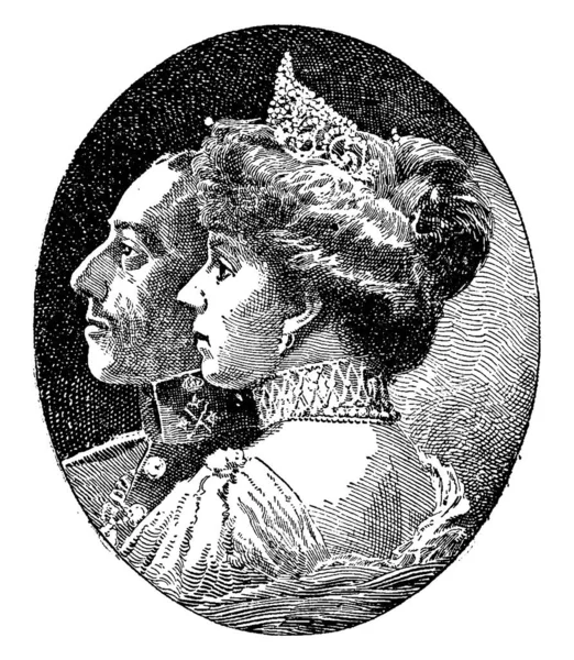 西班牙国王和王后在19世纪的画像 老式线条绘画或雕刻插图 — 图库矢量图片