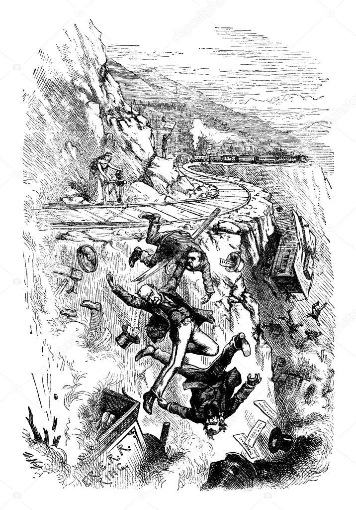 This Harper's Weekly cartoon by Nast dramatizes the crash or Overthrow of the Erie Ring., vintage line drawing or engraving illustration. 