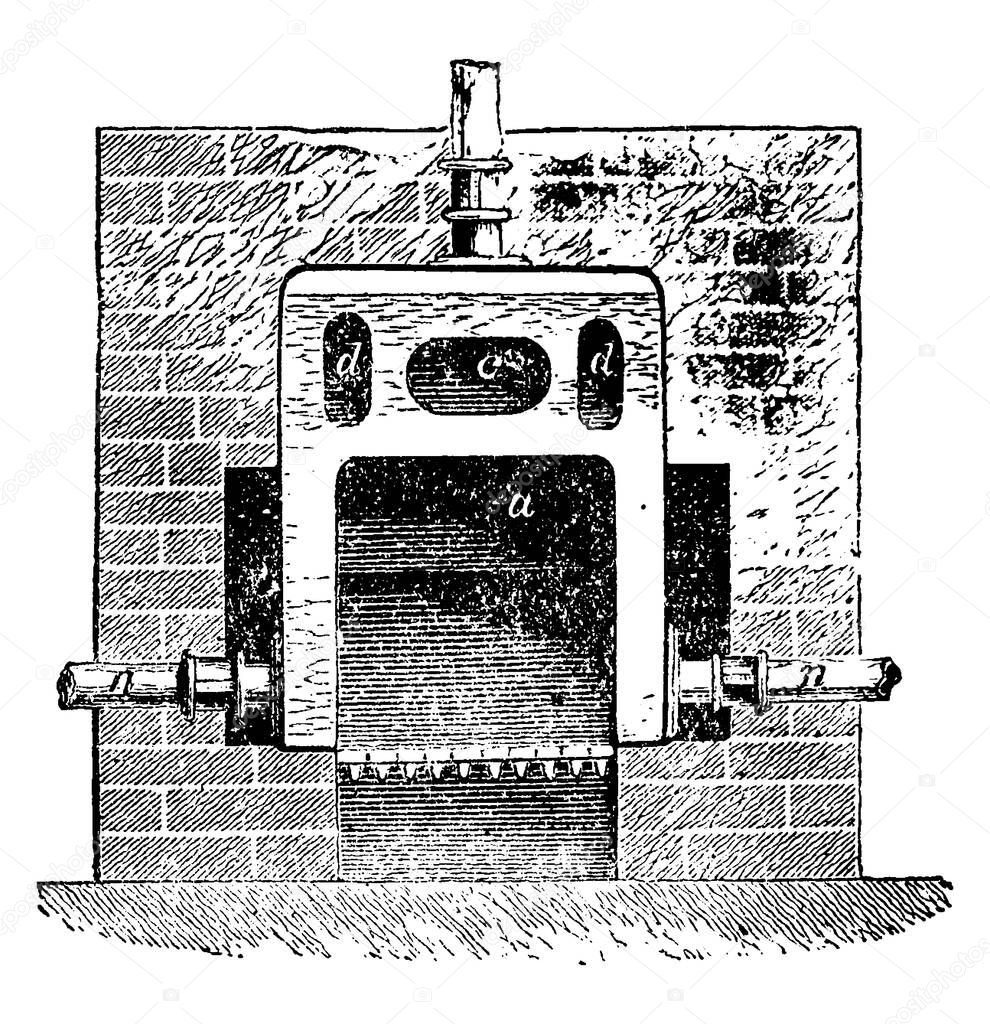 Has a dome arch, the modified form of saddle boiler, with the parts labelled, vintage line drawing or engraving illustration.