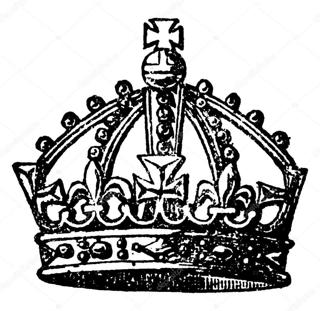 The crown with four arches, each of the eight semi-arches springing from the alternating crosses and fleurs-de-lys of the circlet. It was the crown of the Stuart sovereigns, the first kings of Great Britain, James I and Charles I, vintage line drawin