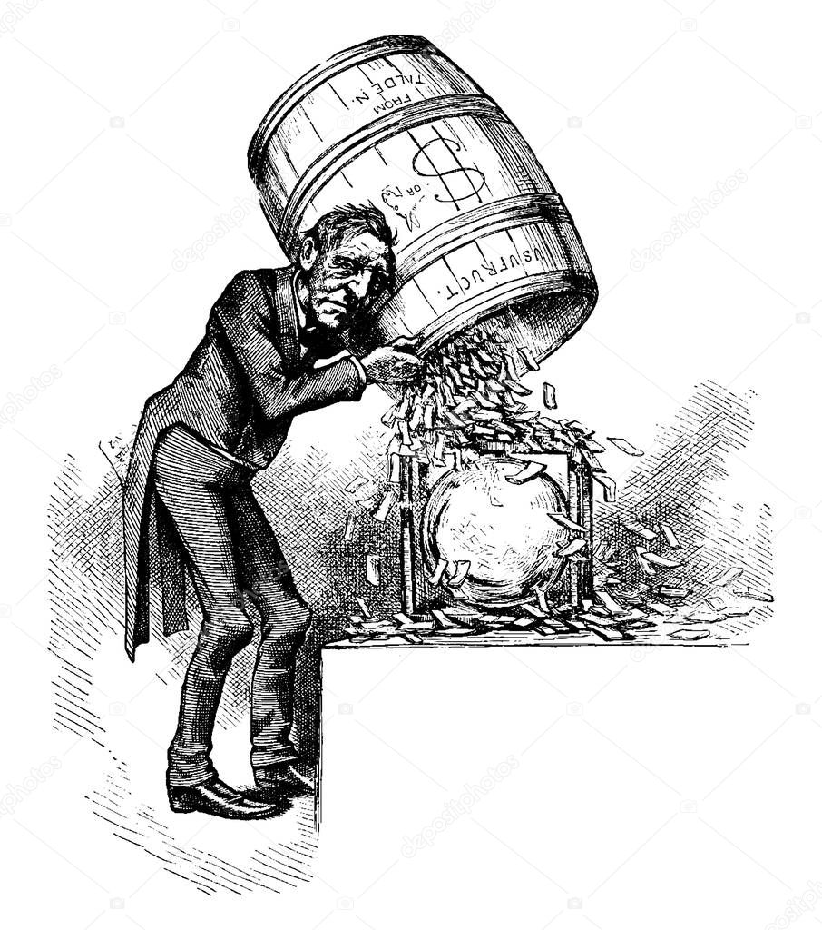 Cartoon of Uncle Sam Emptying Barrel full of money on ballot box during election days, vintage line drawing or engraving illustration.