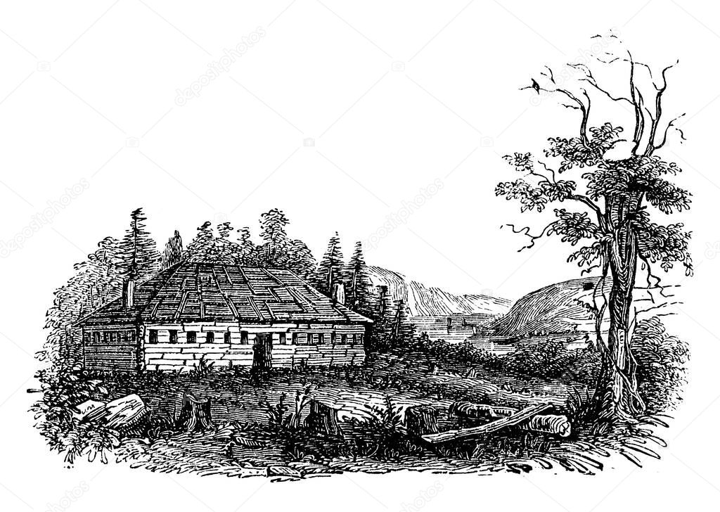 An illustration of, The Temple,  Newburg. With the Newburgh Addresses was privately circulated a notification of a meeting, to the officers at this large building, vintage line drawing or engraving illustration.