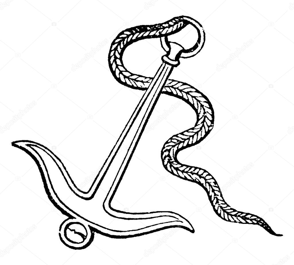 A typical representation of a modern anchor. The anchor was used by the ancients, in which most of the parts were made of iron and its form, vintage line drawing or engraving illustration.