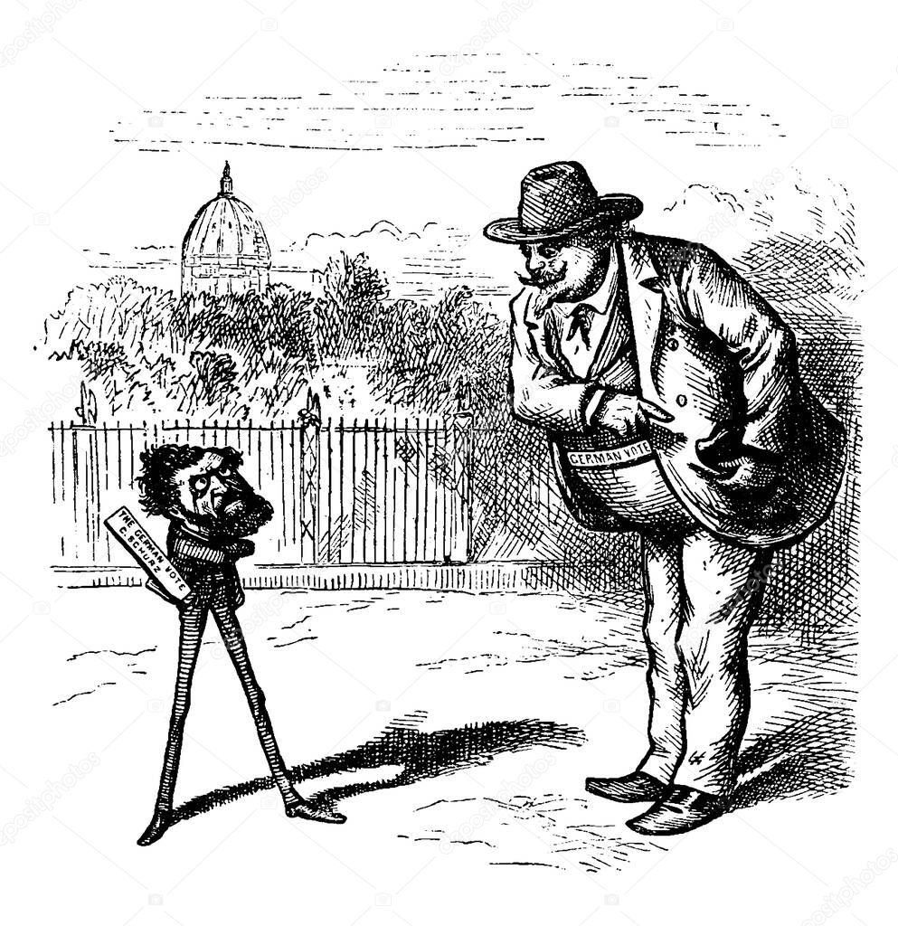 This cartoon caricature by Thomas Nast depicts Carl Schurz and German Vote., vintage line drawing or engraving illustration. 