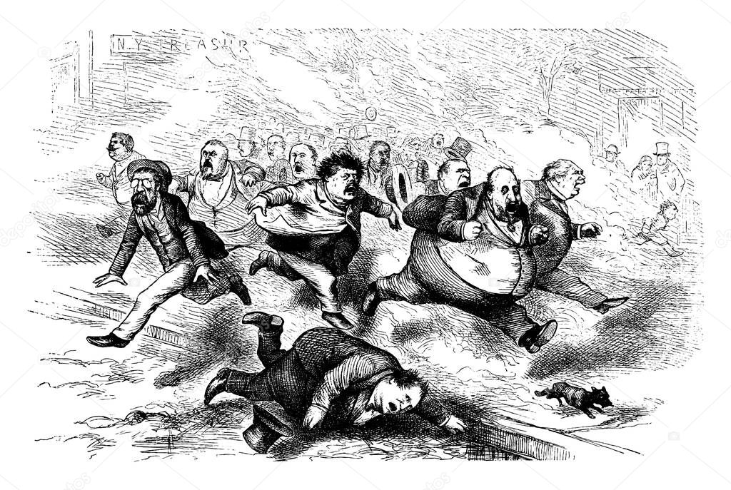 Thomas Nast titled this cartoon as Stop Thief and depicts the New York Corruption., vintage line drawing or engraving illustration. 