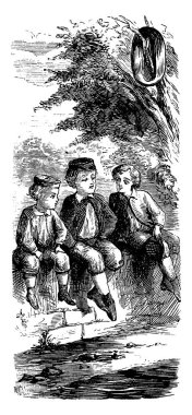 Üç küçük çocuk bir duvarda oturmuş eğleniyor ve kendi aralarında konuşuyorlar. Klasik çizimler ya da gravür çizimleri..