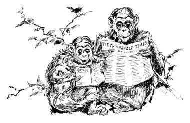 Ağacın dallarında oturup kitap ve gazete okuyan üç şempanzenin tipik bir temsili, 'Anne Kaz ve Şempanze Times', klasik çizim veya gravür çizimi.