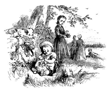 Çocuklar, bir ağacın altındaki çimenli bir tarlada oyun oynuyor ve çiçek topluyor.. 