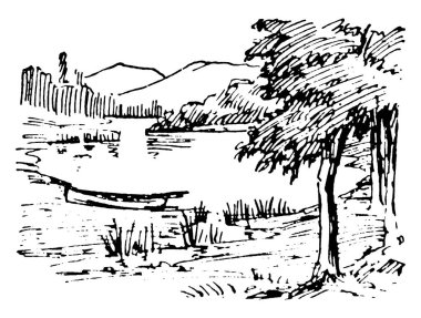 Resimde ağaçlar, küçük çalılar ve uzak dağlar, klasik çizimler veya oyma resimlerle bir göl tasvir ediliyor..