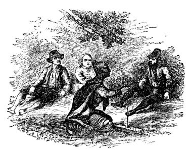 Üç adam yerde oturup bir Hintliyi dinlerken iki odun parçasının sürtünmesi, klasik çizim ya da oyma resimleriyle ateş yakma yöntemini anlatıyor..