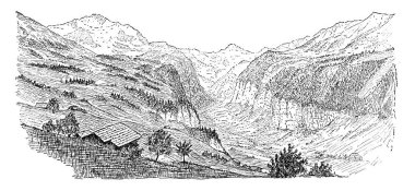İsviçre 'de Lauterbrunnen denilen köyü gösteren figür tepeler, klasik çizimler veya oyma resimlerle çevrili..