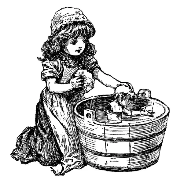 Дівчина Купає Свою Ляльку Ємності Наповненій Водою Тримає Петлю Щоб — стоковий вектор