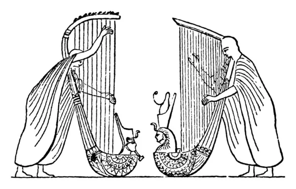 原始的な見た目の楽器が水平方向に演奏され 演奏者の肩の上で生まれた ラムセス2世の時代のフレスコ画 ヴィンテージ線画や彫刻のイラストでそれらの間に壮大な垂直ハープ — ストックベクタ