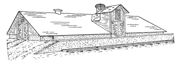 Vue Latérale Entrepôt Pommes Terre Dessin Ligne Vintage Illustration Gravure — Image vectorielle