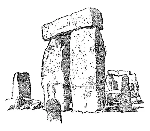 大型石头 早期建筑纪念碑 老式线条绘画或雕刻插图 — 图库矢量图片