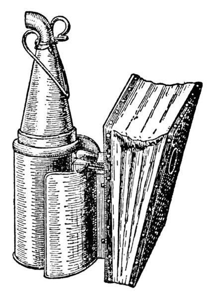 煙の助けを借りて それによって蜂の飼育員 ヴィンテージライン図面や彫刻イラストを保護し 攪拌蜂を落ち着かせるために養蜂に一般的に使用されるデバイス — ストックベクタ
