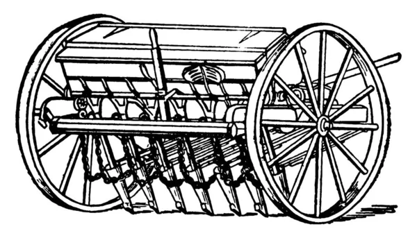 Spannmålsborr Från 1900 Talet Med Hjul Och Borrhuvuden Vintage Linjeritning — Stock vektor