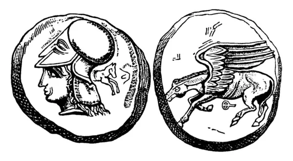 コリントスの硬貨 古代ギリシャ人は片側にヘルメットをかぶっている兵士と 反対側に翼を持つ馬で彫り ヴィンテージラインの絵や彫刻イラスト — ストックベクタ
